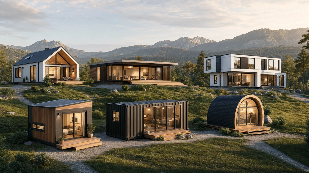 Maison préfabriquée modulaire moderne mise en place par grue sur un site résidentiel avec aménagement architectural professionnel.