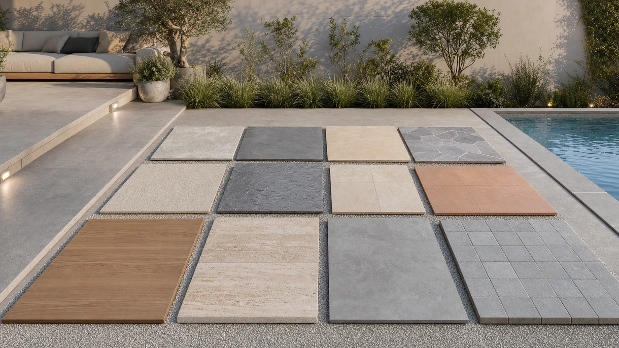 Carrelage d'extérieur en grès cérame grand format installé sur la terrasse d'un hôtel moderne surplombant une place publique à fort trafic piétonnier.