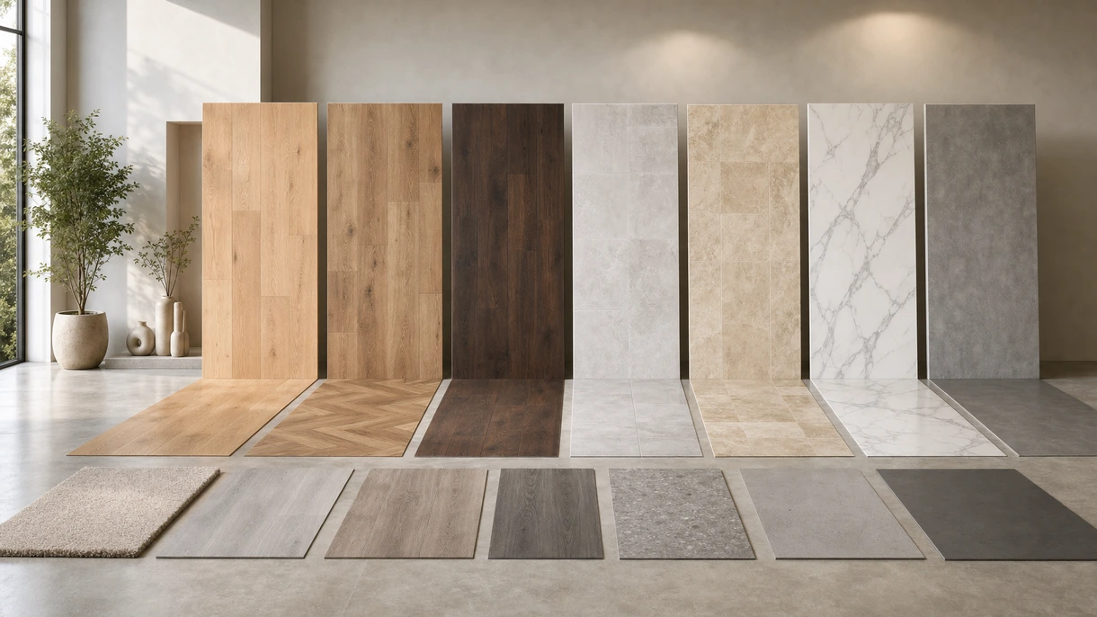 Architectes examinant des échantillons de carreaux en grès cérame grand format dans le hall d'un bureau commercial moderne et ensoleillé avec des baies vitrées.