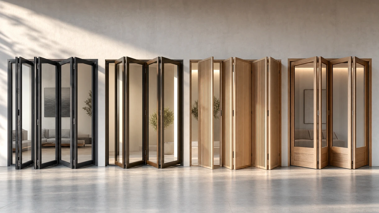 Architecte professionnel ouvrant un système de porte pliante commerciale en aluminium reliant le hall d'un hôtel moderne à une terrasse extérieure.