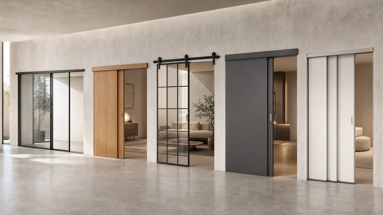 Porte coulissante minimaliste en verre installée dans un bureau moderne à aire ouverte avec des rails encastrés au sol et des cadres en aluminium.