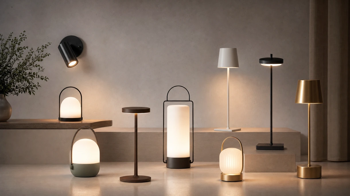 Terrasse de restaurant professionnel équipée de lampes de table sans fil minimalistes offrant un éclairage d'ambiance chaleureux pour les clients dans un cadre commercial.