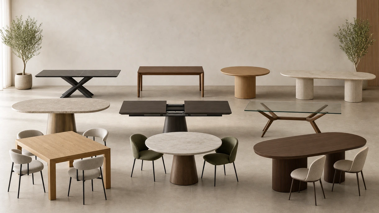 Table à manger rectangulaire moderne dans un cadre de restaurant professionnel minimaliste avec assises ergonomiques et éclairage architectural.