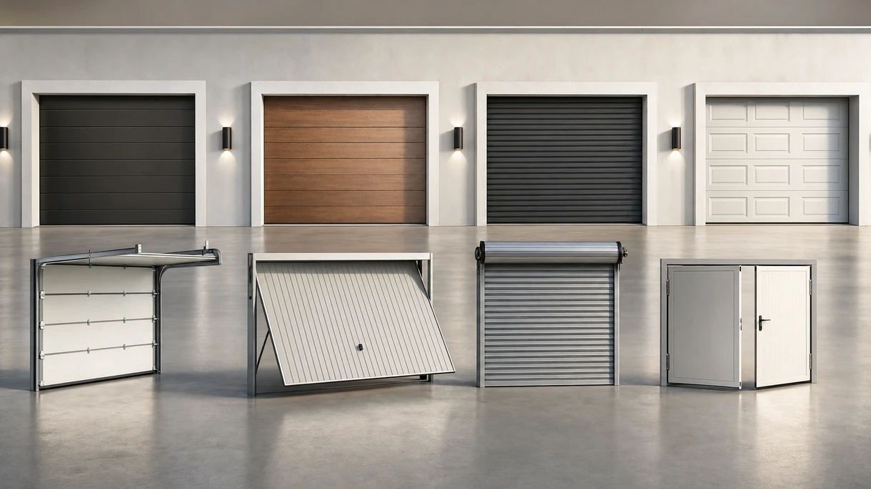 Porte de garage sectionnelle noire contemporaine intégrée à la façade d'une villa de luxe moderne avec éclairage extérieur intégré.