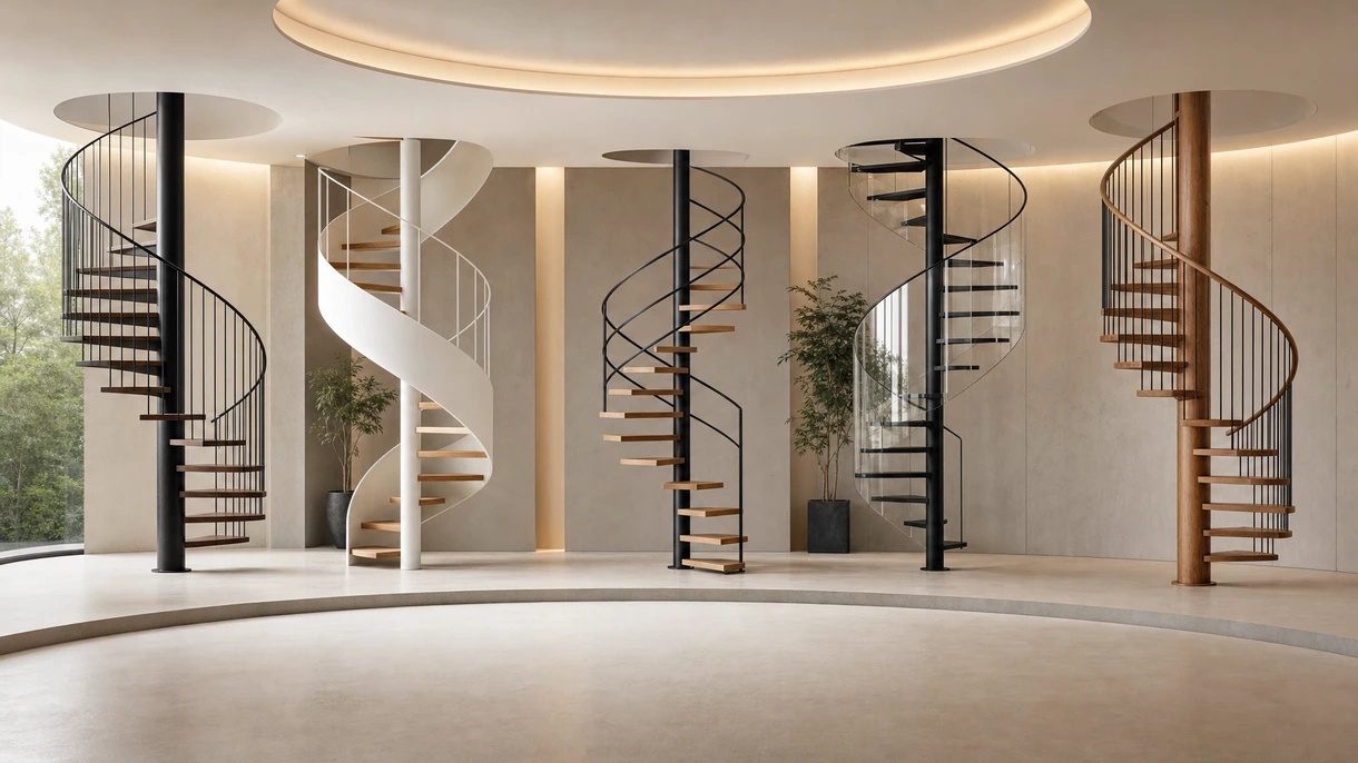 Escalier en colimaçon moderne dans le hall d'un bureau professionnel avec garde-corps en acier inoxydable et marches en bois pour trafic intense.