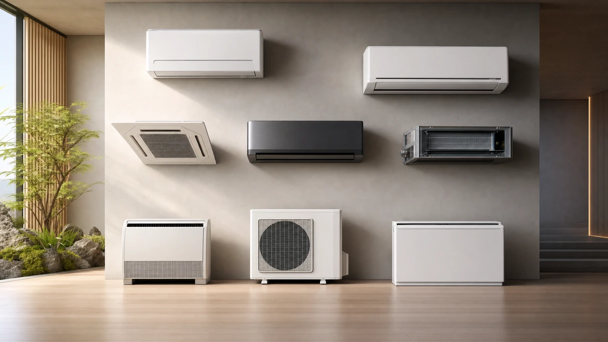 Climatiseur split mural professionnel installé dans un salon de bureau minimaliste moderne avec de grandes fenêtres et du mobilier contemporain.