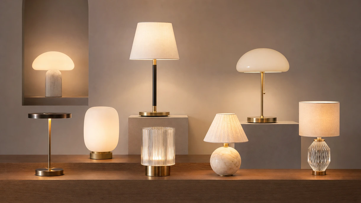 Lampe de table architecturale moderne éclairant un poste de travail professionnel dans un bureau d'entreprise contemporain en open space avec éclairage naturel.