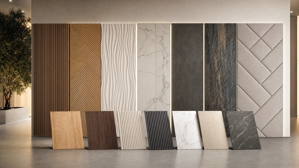 Panneaux décoratifs architecturaux installés dans le hall d'un hôtel moderne, présentant une finition bois texturée et un éclairage indirect intégré.