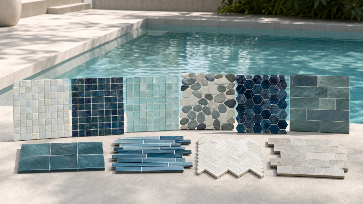 Installation professionnelle d'une piscine à débordement avec un carrelage de piscine en grès cérame antidérapant grand format dans un complexe hôtelier de luxe.