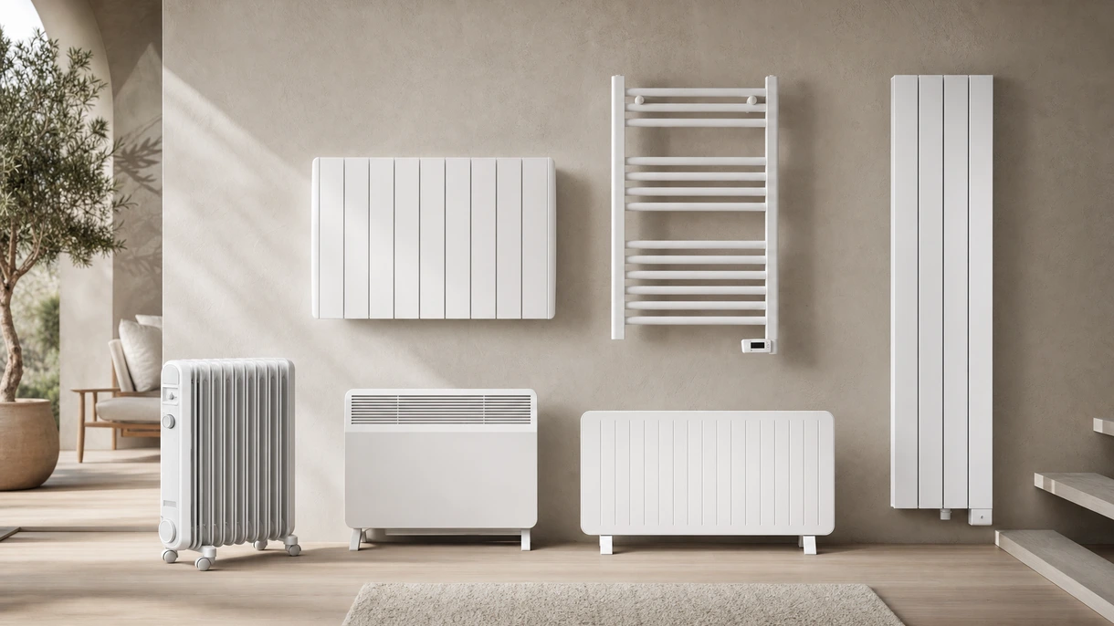 Radiateur électrique design moderne installé dans un salon de bureau haut de gamme minimaliste, offrant un contrôle climatique discret et efficace.