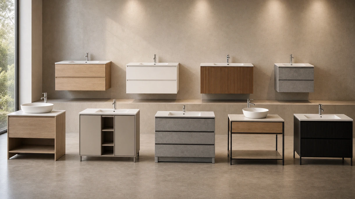 Meuble vasque moderne suspendu avec plan de toilette en pierre, installé dans une salle de bains d'hôtel contemporaine avec carrelage neutre.