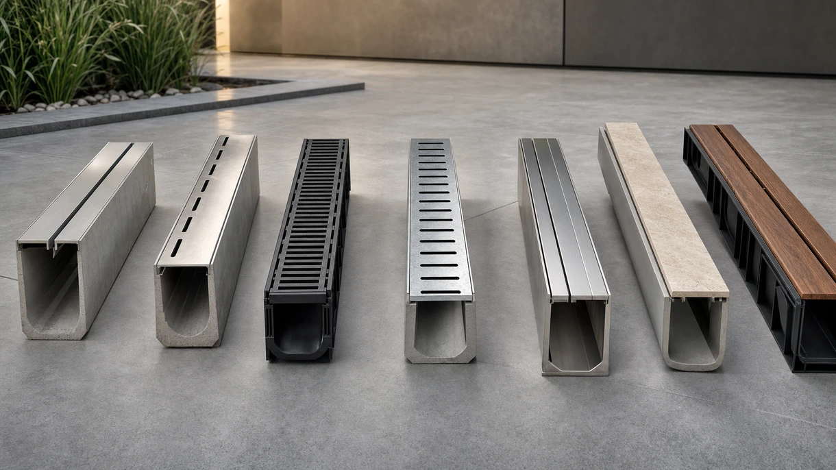 Caniveau à fente architectural intégré dans une place piétonne moderne en granit pour une gestion de l'eau discrète et efficace.