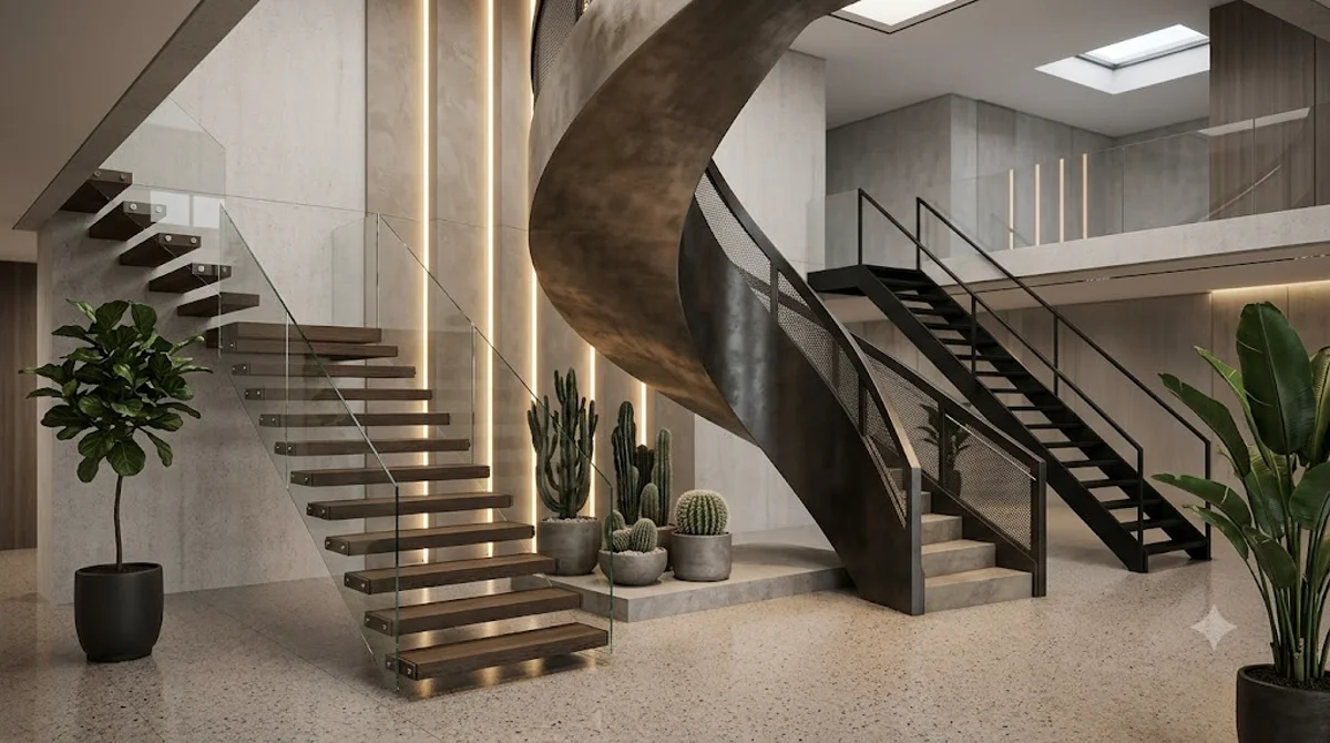 Escalier en métal architectural moderne avec garde-corps en verre dans le hall commercial à fort trafic d'un bureau contemporain.