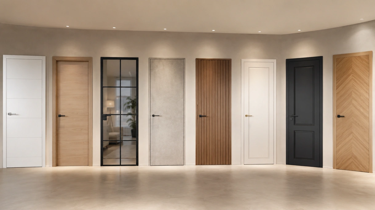 Porte d'intérieur affleurante minimaliste dans un couloir de bureaux d'entreprise avec accès intelligent intégré et quincaillerie noir mat.