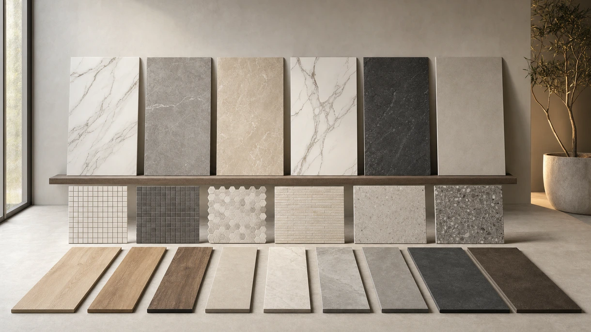 Hall de réception d'un bureau professionnel présentant un sol en carrelage en grès cérame gris grand format avec des joints minimalistes sous une lumière naturelle.