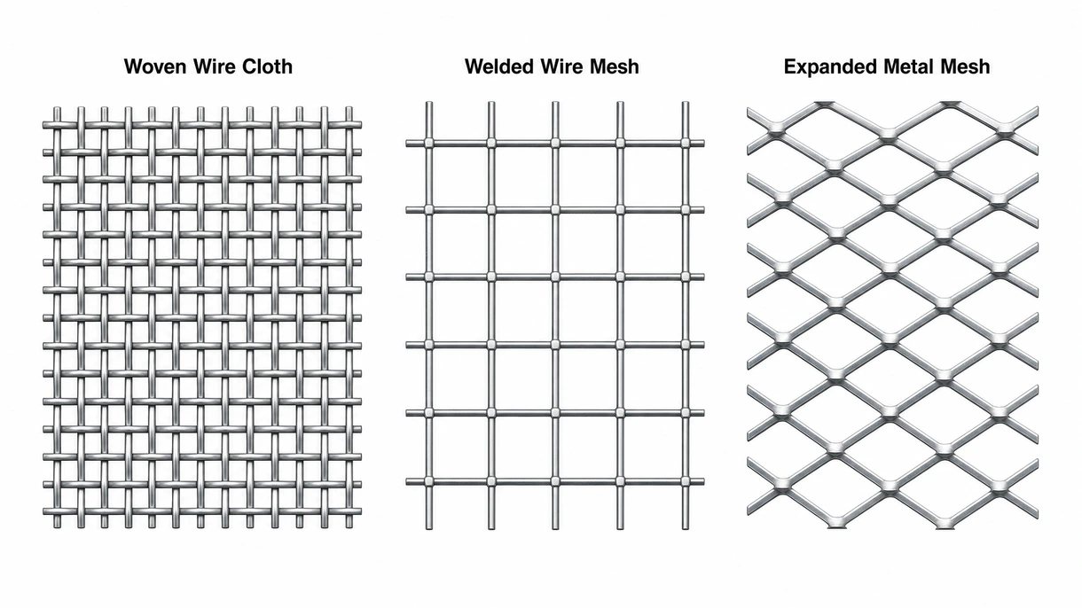 Vue technique macro d'une maille métallique tissée de haute précision montrant le motif de tissage entrelacé et le détail de finition du matériau.