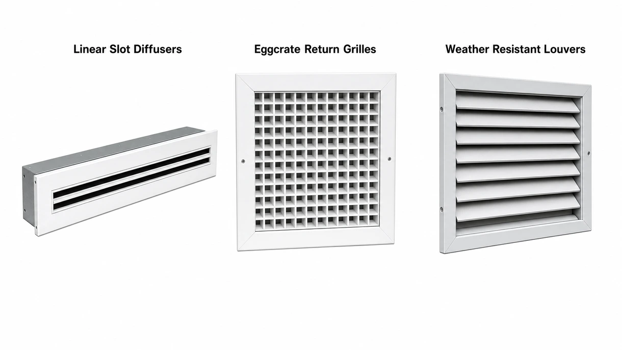 Gros plan technique d'une grille de ventilation en acier inoxydable montrant l'angle de précision des lames et les détails de finition résistants aux intempéries.