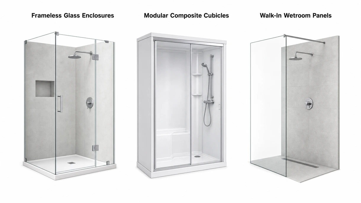 Gros plan détaillé d'une charnière pivotante en acier inoxydable et d'un joint en silicone étanche sur une cabine de douche de qualité commerciale.