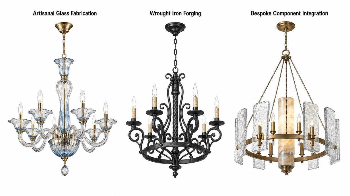 Gros plan technique d'une finition métallique forgée à la main et d'un câblage électrique de précision sur un luminaire artisanal sur mesure illustrant le détail du savoir-faire.