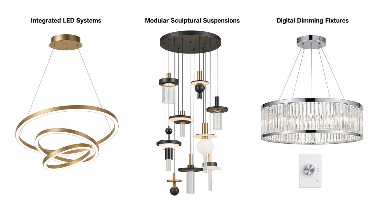 Gros plan technique d'un lustre contemporain détaillant les modules LED intégrés et les composants du boîtier métallique de précision.