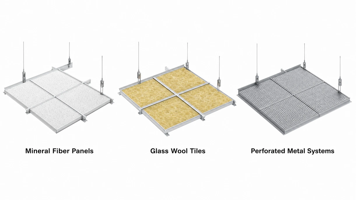 Gros plan technique d'une dalle de plafond métallique perforée montrant le voile acoustique au dos et le système de suspension à ossature en T.