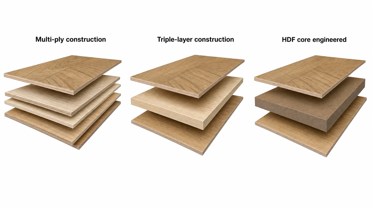 Détail technique d'une coupe transversale de parquet contrecollé montrant la couche d'usure en chêne massif et l'âme en multiplis de bouleau.