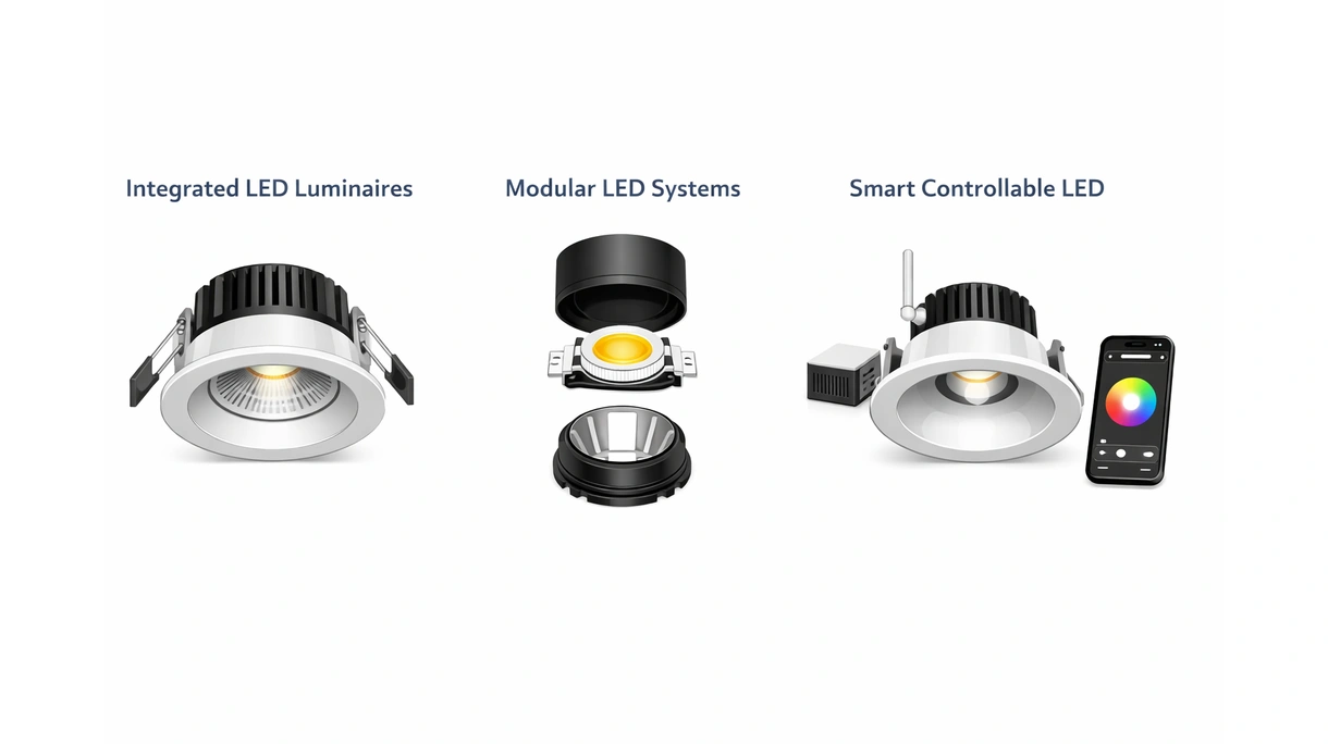 Gros plan d'un luminaire à LED architectural montrant les ailettes du dissipateur thermique interne et les détails de l'assemblage des lentilles optiques haute performance.