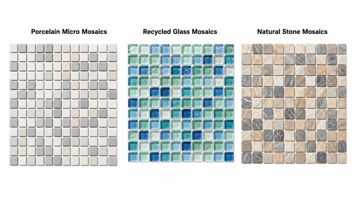Vue technique macro de feuilles de mosaïque d'intérieur en grès cérame sur trame, démontrant l'uniformité de l'espacement et la constance de l'épaisseur du matériau.