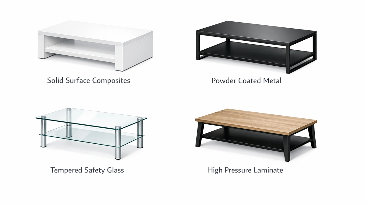 Vue macro d'un plateau de table basse en surface solide résistant aux rayures, montrant les détails des chants sans joints et l'unité de charge intégrée.