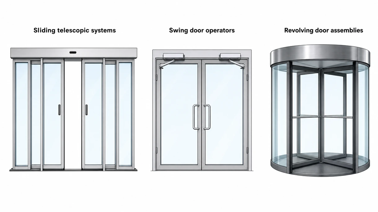 Gros plan détaillé d'un moteur brushless et d'un contrôleur logique à l'intérieur d'un système de traverse de porte automatique en aluminium.