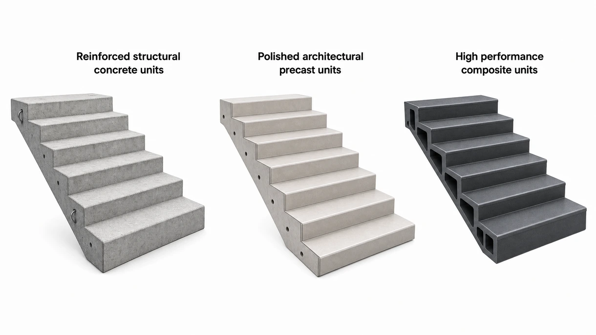 Gros plan d'une marche d'escalier préfabriqué montrant des inserts antidérapants en carborundum intégrés et une finition architecturale lisse.