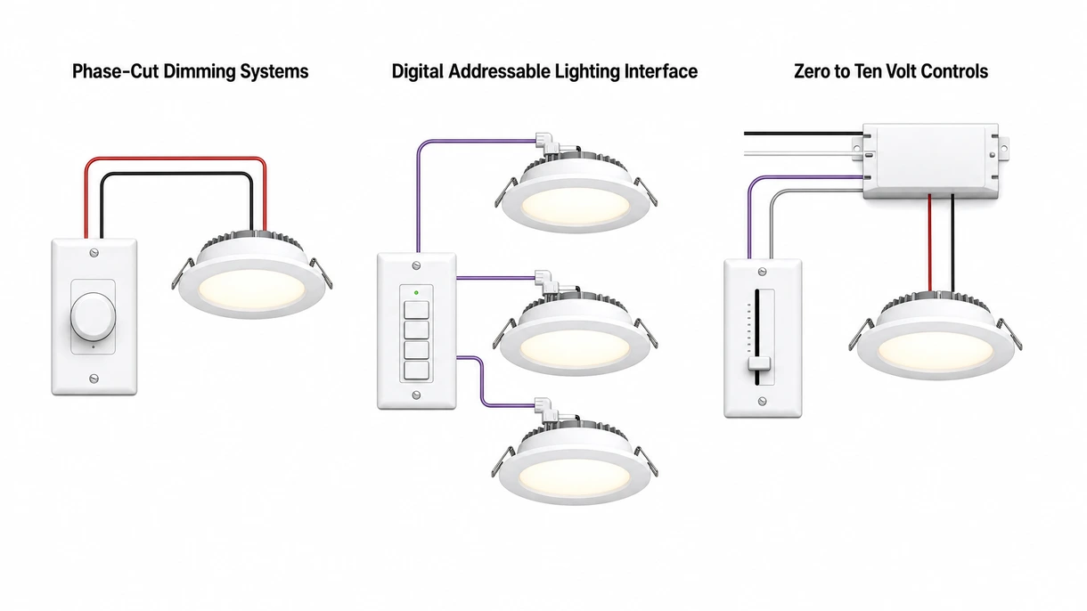 Gros plan technique d'un driver LED haute performance montrant les bornes de connexion et l'interface du protocole de gradation numérique pour l'automatisation.