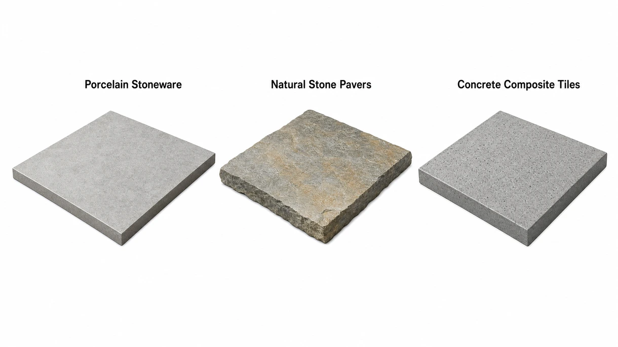 Gros plan technique montrant la surface texturée antidérapante et la forte épaisseur d'un carrelage d'extérieur de qualité commerciale.