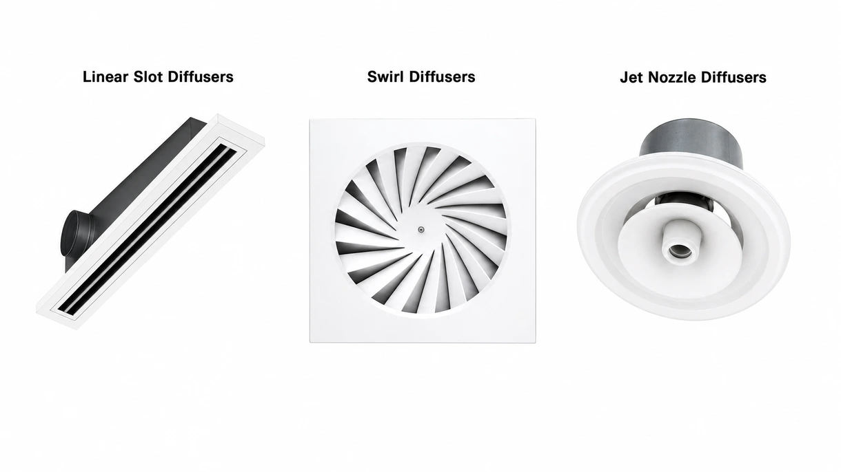 Gros plan technique d'un diffuseur à jet hélicoïdal doté d'ailettes radiales pour un flux d'air à haute induction dans les systèmes CVC commerciaux.