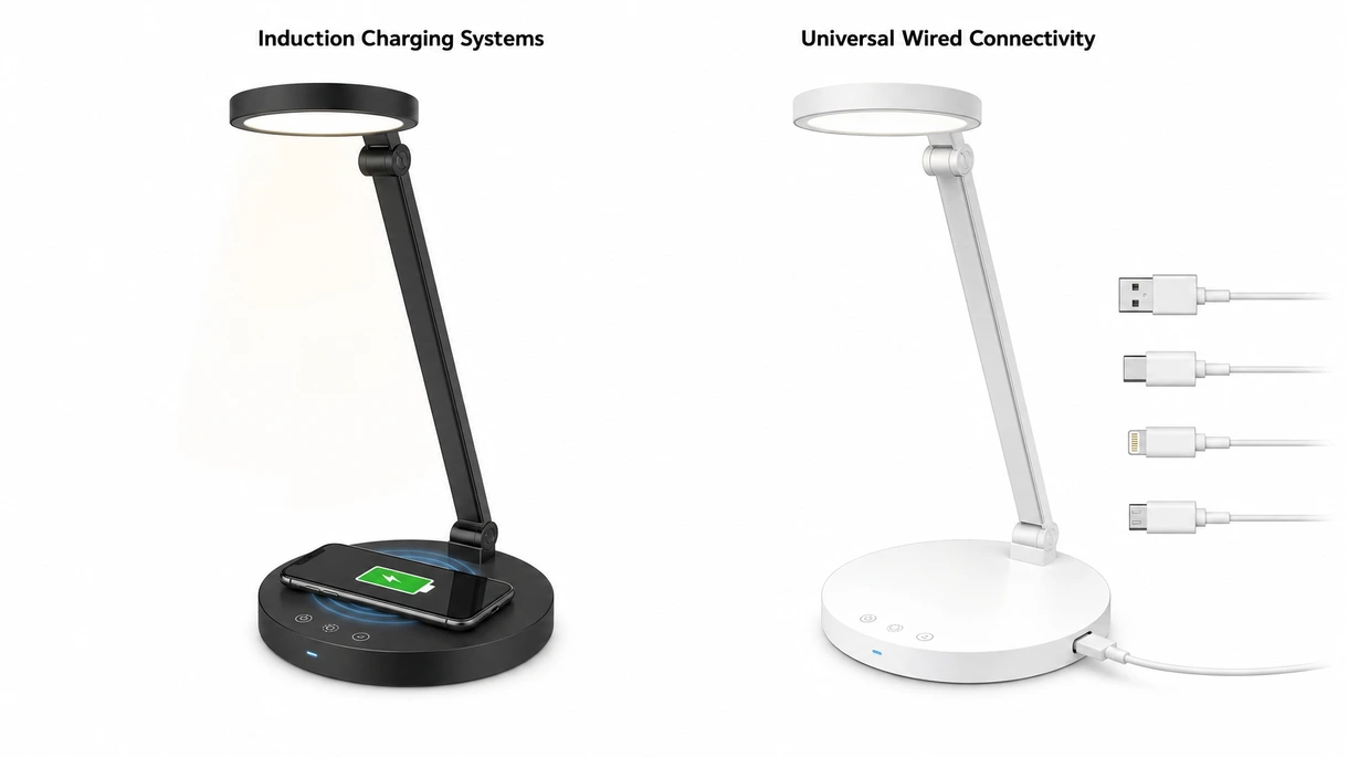 Vue rapprochée de la base d'une lampe sans fil montrant les points de contact pour la charge par induction et les détails de finition en aluminium brossé de haute qualité.