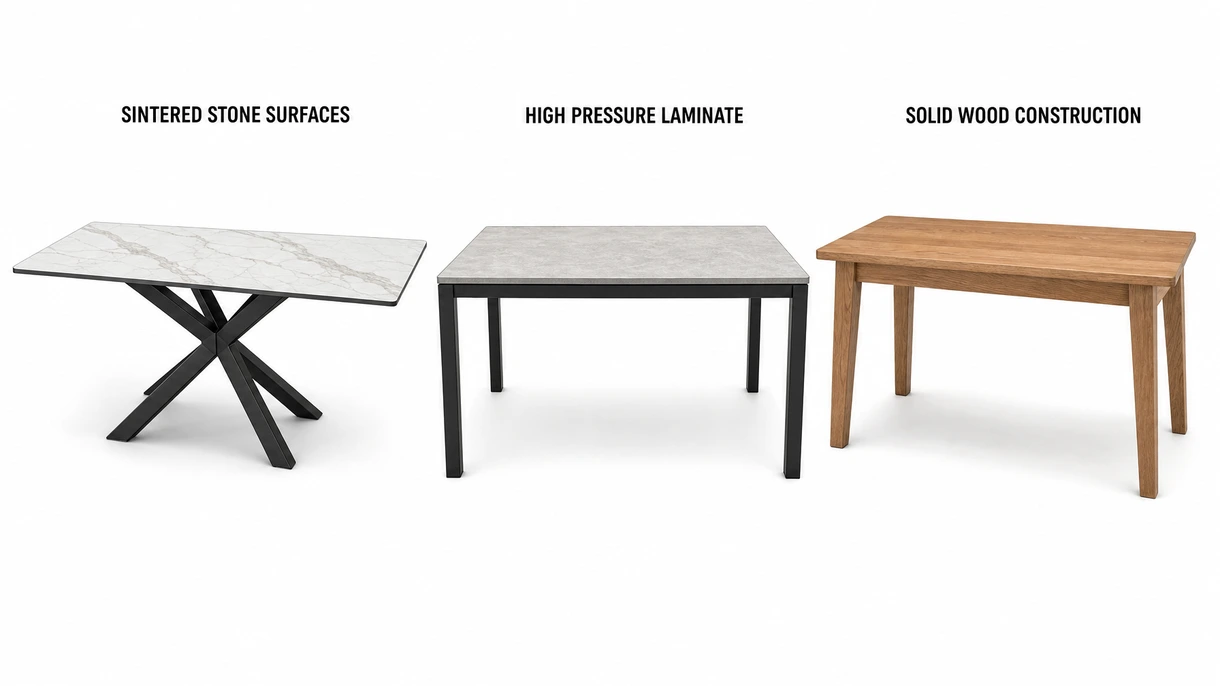 Gros plan d'un plateau de table à manger en pierre frittée montrant le profil du chant sans raccord et la technologie de surface texturée résistante à la chaleur.