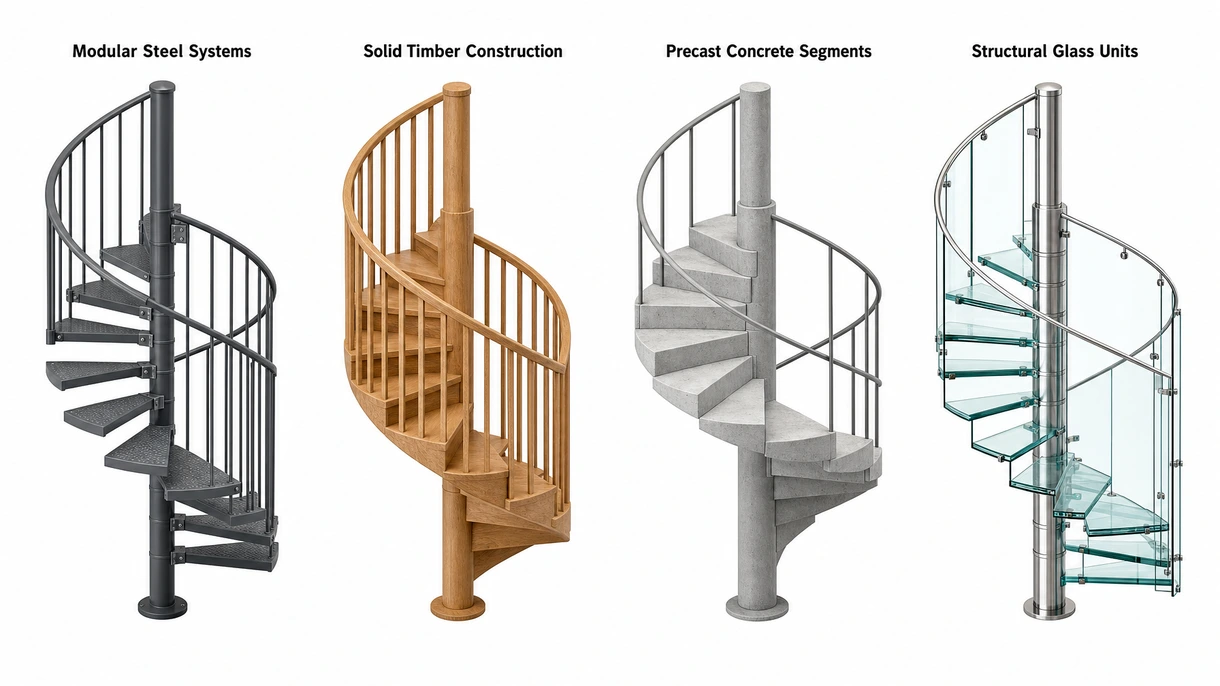 Gros plan technique d'un fût central d'escalier en colimaçon modulaire montrant les supports de marches et les boulons de haute précision.