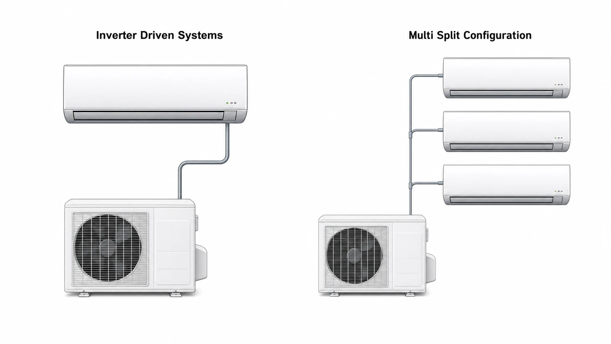 Gros plan détaillé d'un compresseur inverter de climatiseur split montrant les ailettes de l'échangeur thermique et la tuyauterie en cuivre pour une inspection technique.