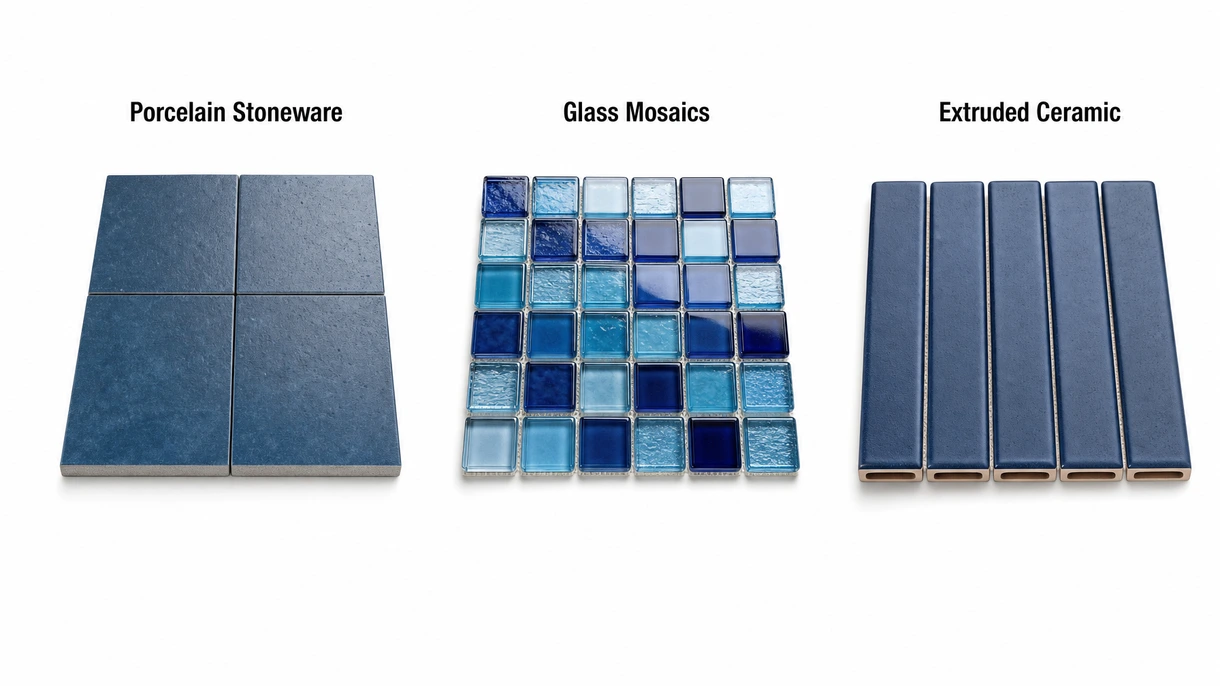 Vue technique macro de carreaux de piscine en mosaïque de verre montrant le support en trame et la finition résistante aux produits chimiques pour les spécifications commerciales.