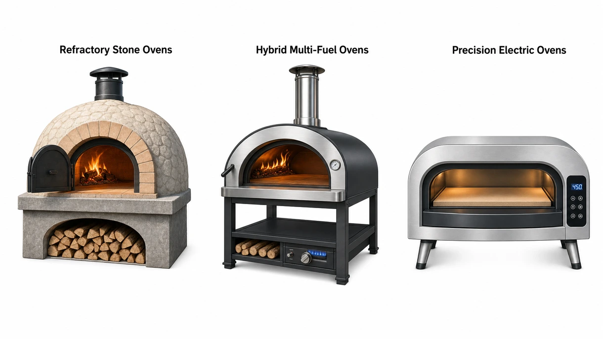 Gros plan technique d'une sole en pierre réfractaire haute densité et d'un brûleur à gaz à l'intérieur d'un four à pizza professionnel.
