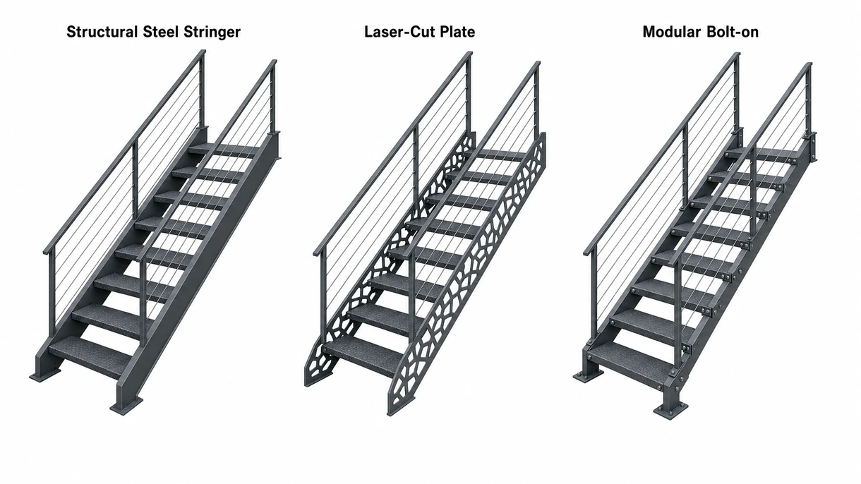 Gros plan technique montrant la soudure de précision et le profil antidérapant des marches d'un escalier industriel en acier thermolaqué.