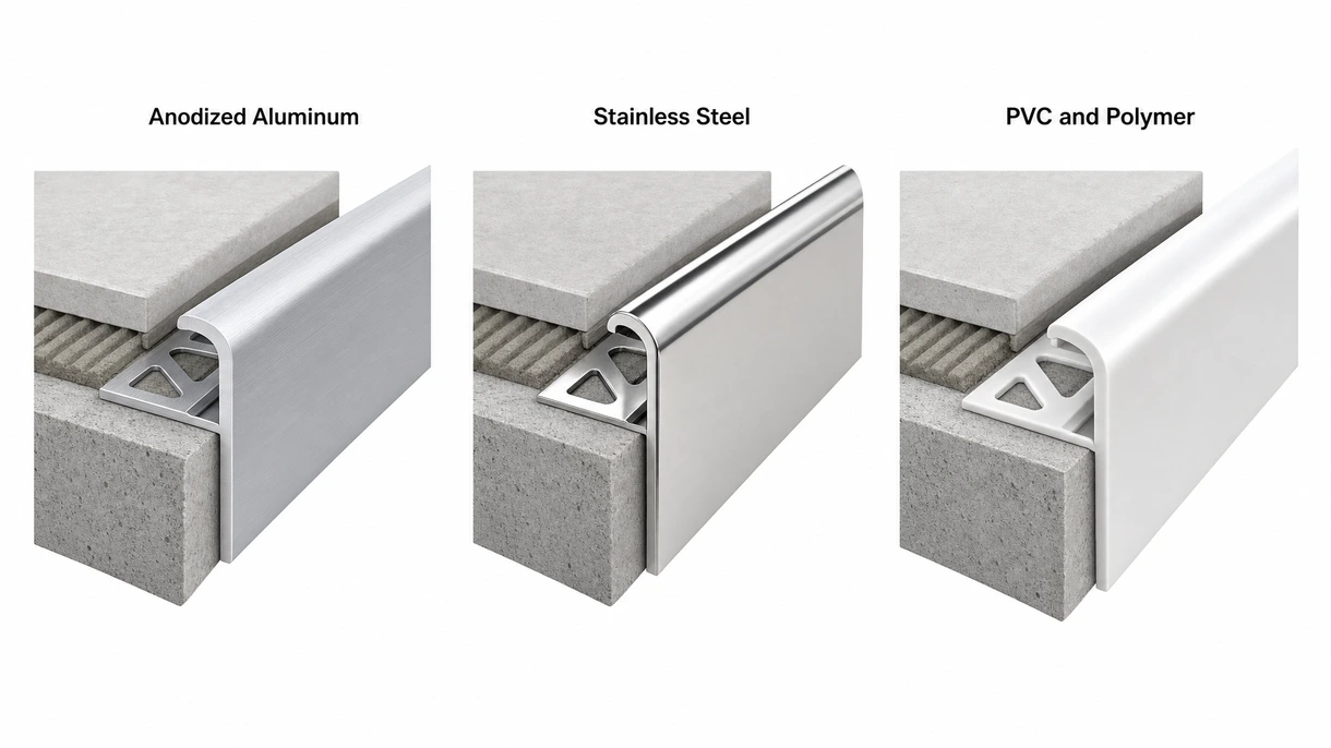Vue technique rapprochée d'un profilé de finition en aluminium en forme de L, montrant l'aile d'ancrage perforée et le détail de la finition anodisée.