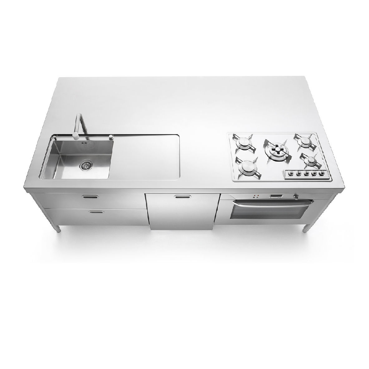 Îlot De Cuisine Luxe Alpes Inox Et Tour Réfrigérateur, Inox Poli Miroir, Neuf Jamais Utilisé, Italie