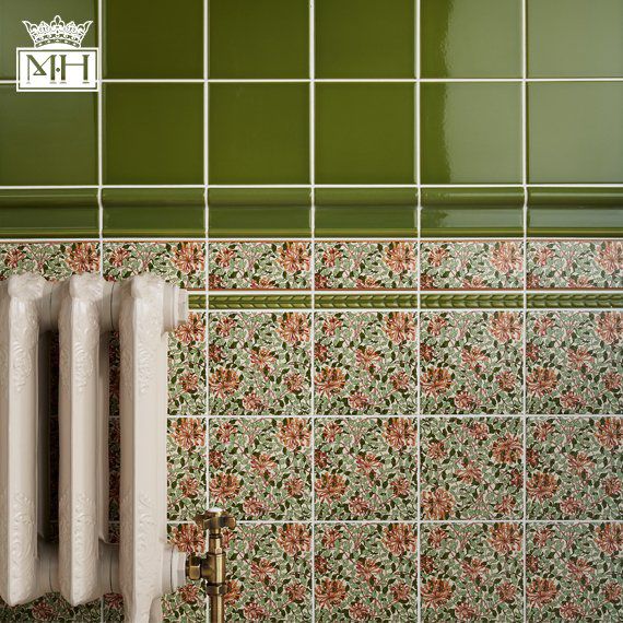 Carreau Mural Ancien Minton Hollins – Motif Fleuron Vert – Années 1930
