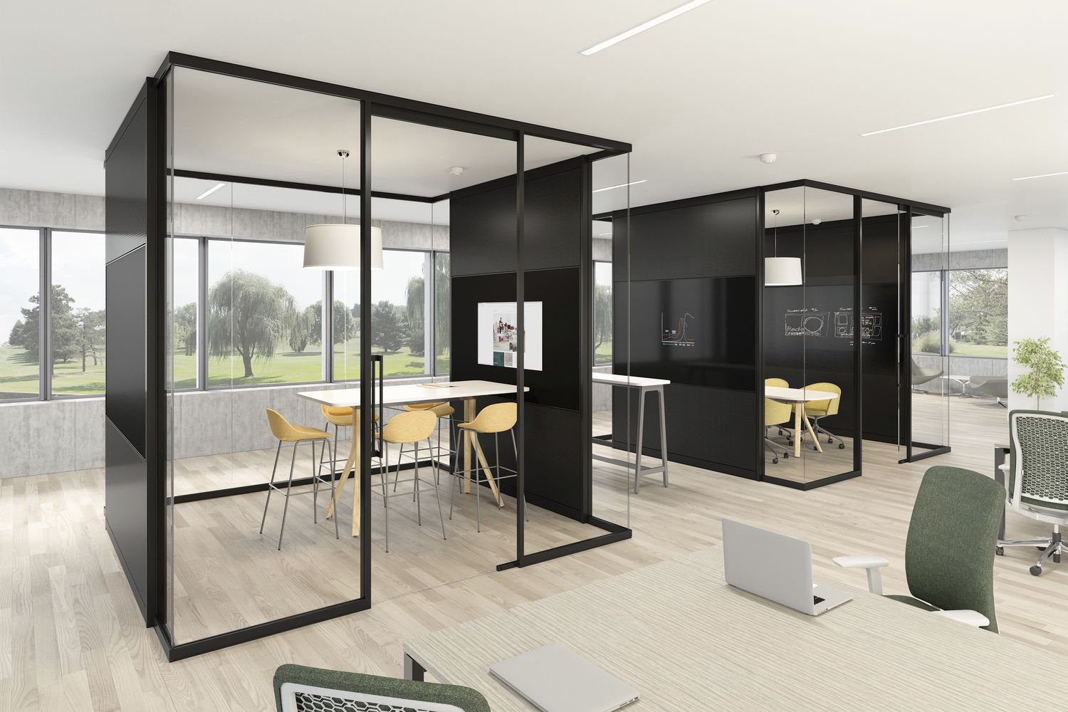 Cloison amovible - TEK VUE - Teknion - pivotante-coulissante / en verre