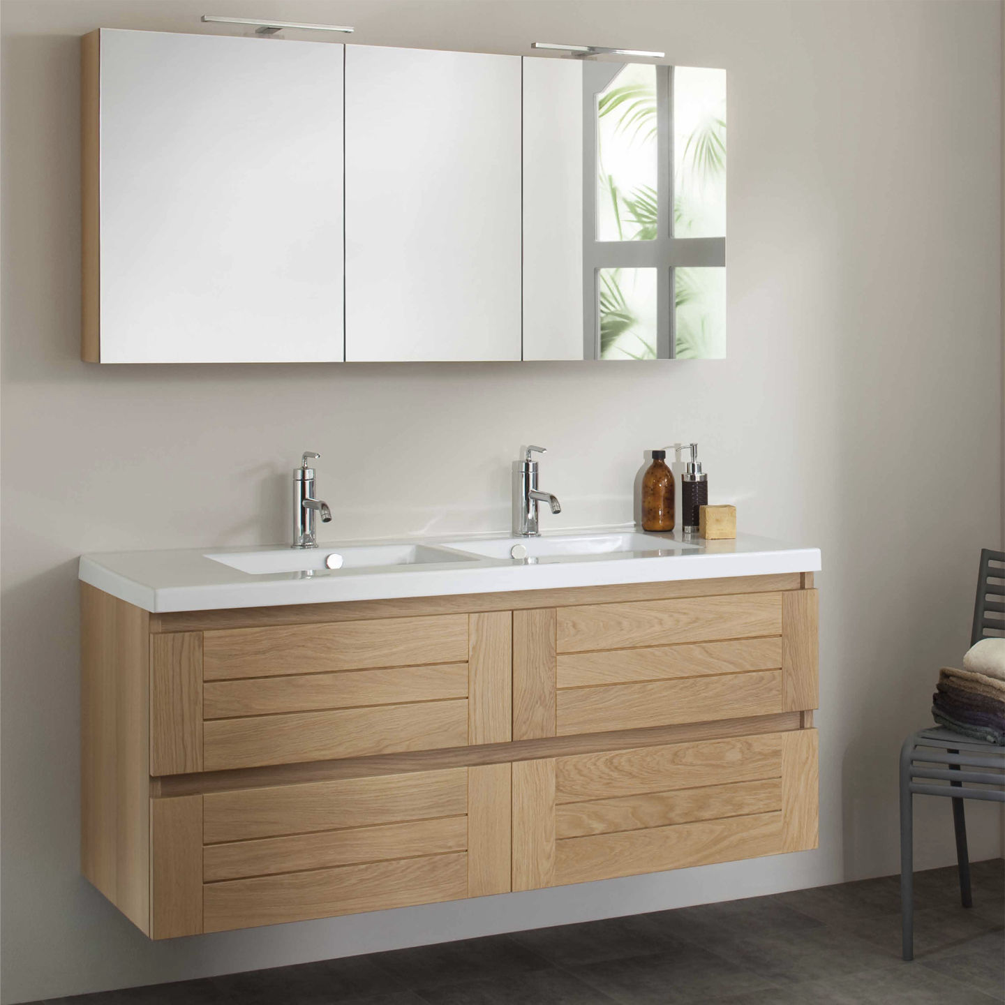 Meuble De Salle De Bain Double Vasque 160 Cm – Avec 2 éléments Céramique Et 4 Tiroirs Softclose – Finition Chêne Vintage – À Monter Soi-même