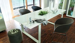 table à manger contemporaine / en verre laqué / en acier à revêtement par poudre / en acier inoxydable