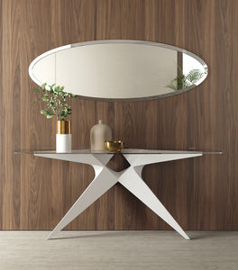 console contemporaine / en verre trempé / avec piètement en résine / ovale