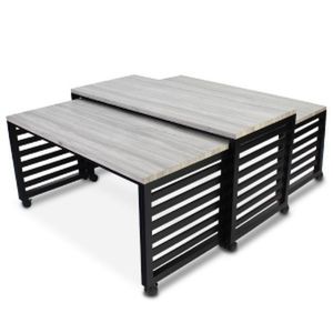 table contemporaine / en bois massif / en acier inoxydable / en stratifié