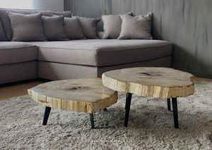 table basse contemporaine / en bois fossilisé / avec piètement en fer / ovale